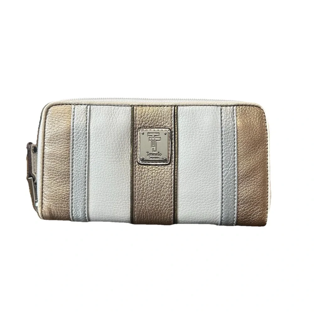 Tignanello Zip Around Wallet Rose Gold Silver Metallic White Leather Cards *READ